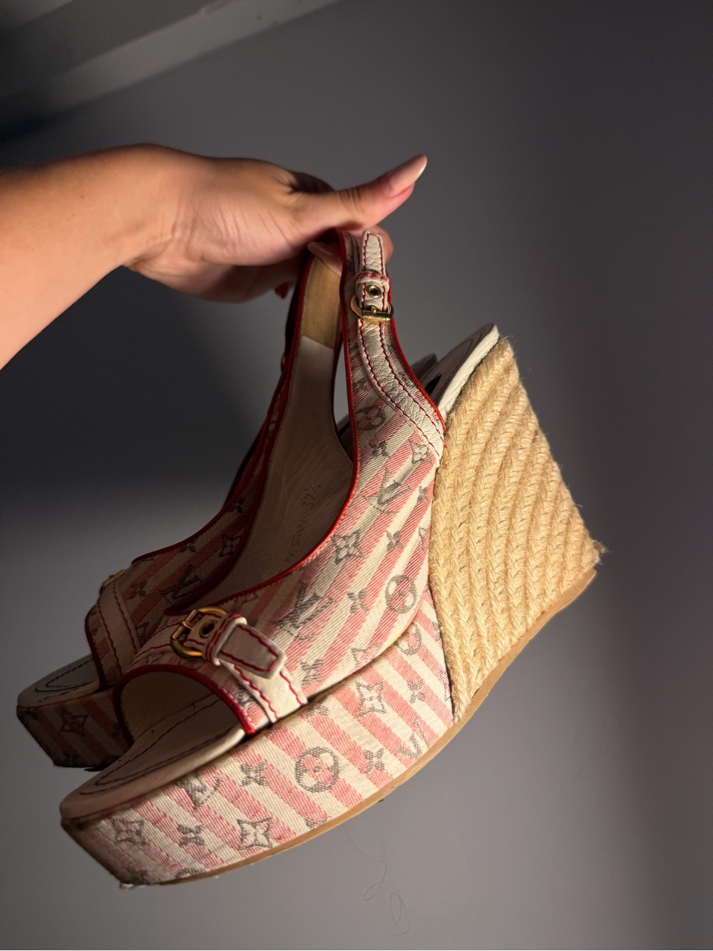 Louis Vuitton Pink Stripe Monogram Espadrille Wedges